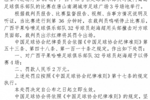 足球协会罚单：中乙选手赵海超用头撞击对方脸部，4场比赛罚款2万元